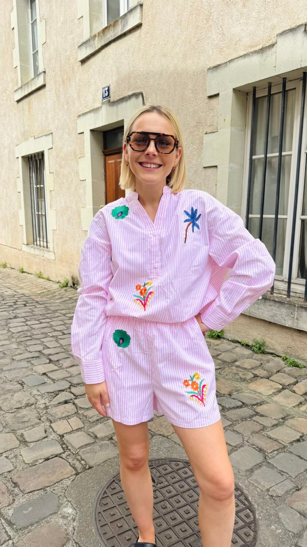 Ensemble chemise et short à rayures rose