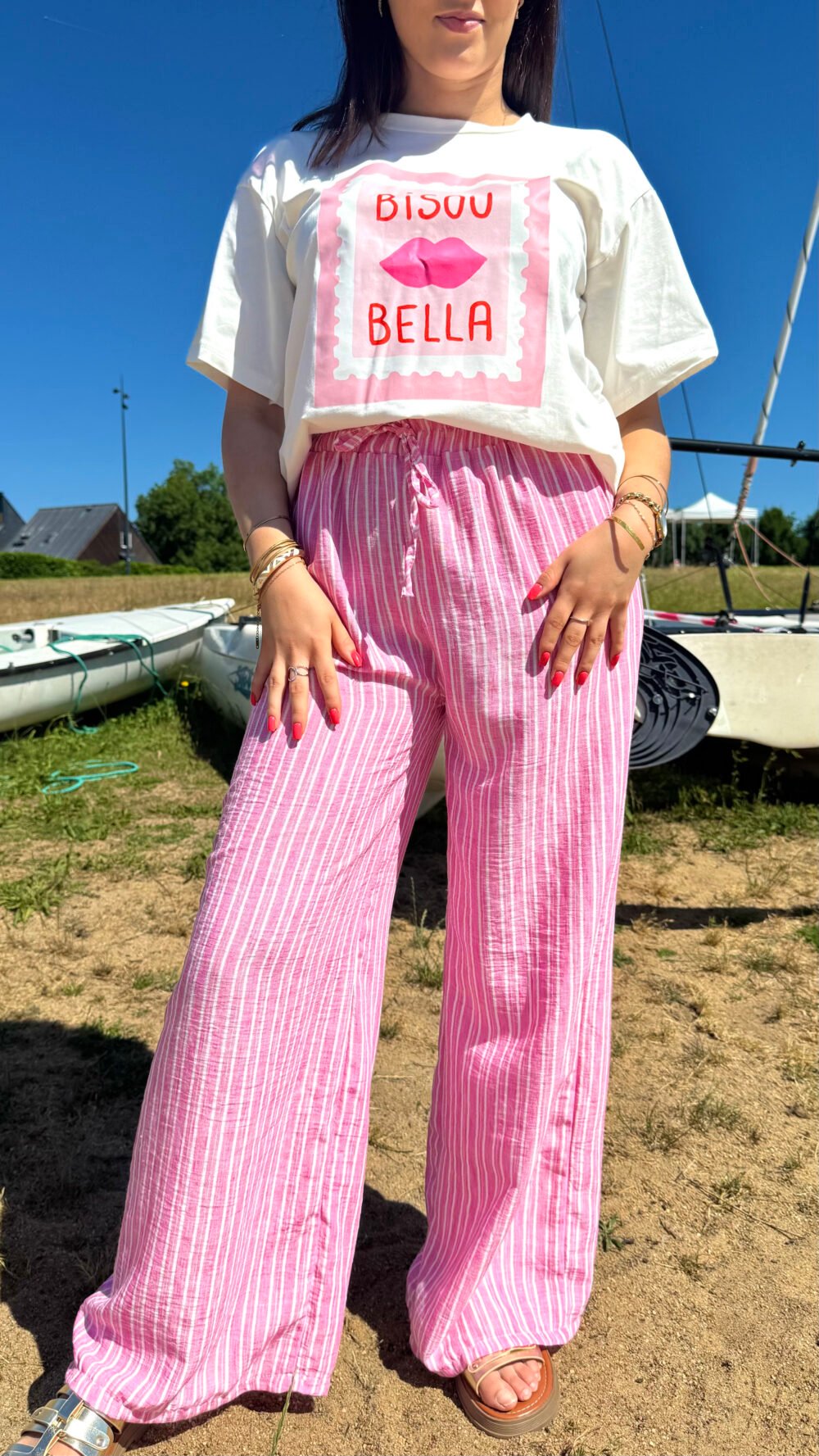 Pantalon à rayure rose