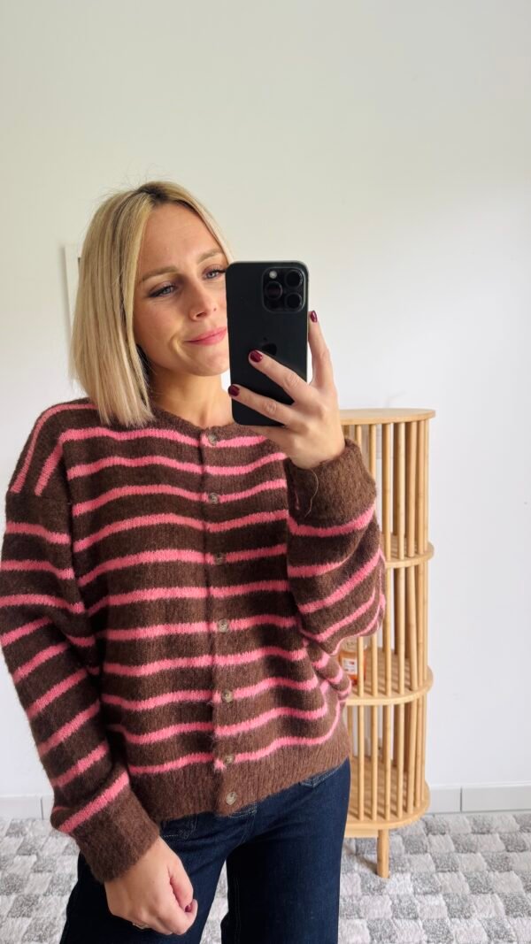 Pull gilet à rayures rose et marron