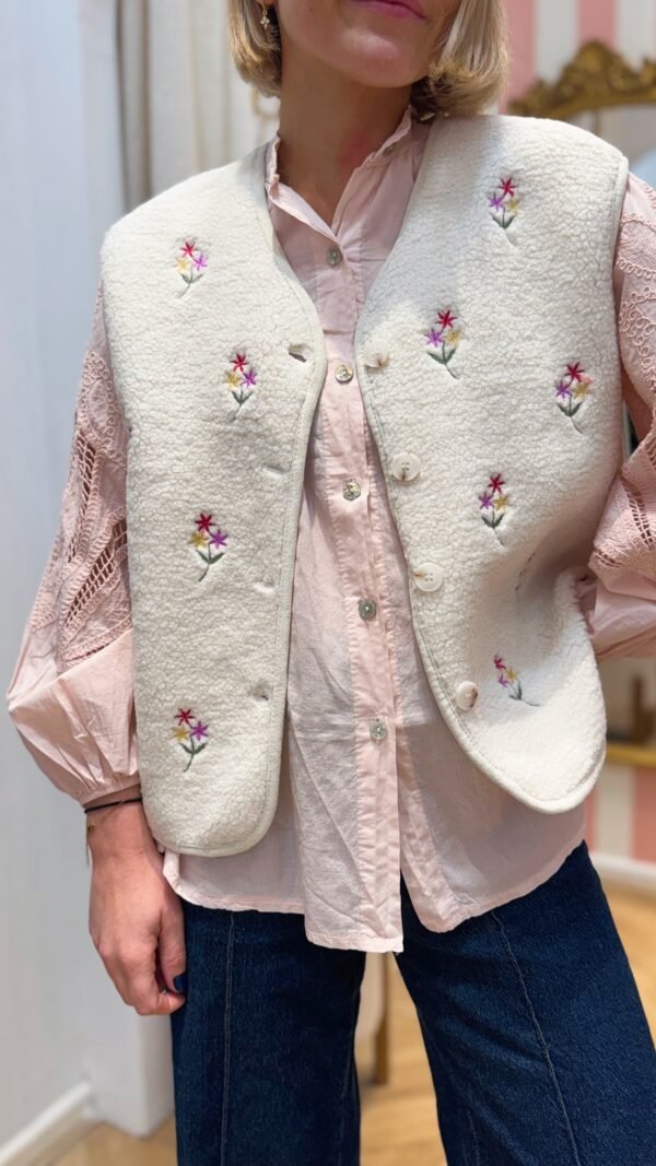 Veste sans manches moumoute écru & fleuris