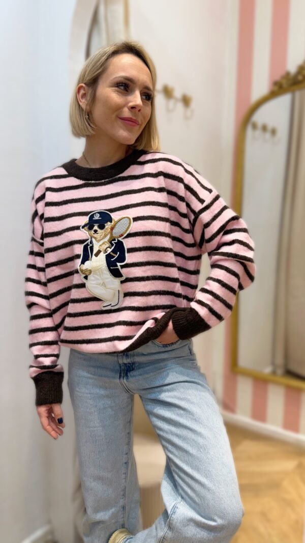 Pull nounours rose et marron à rayures