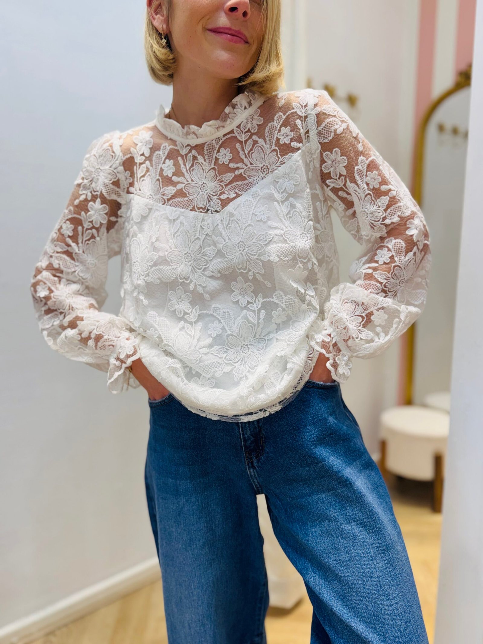 Chemisier blanc broderie fleurs