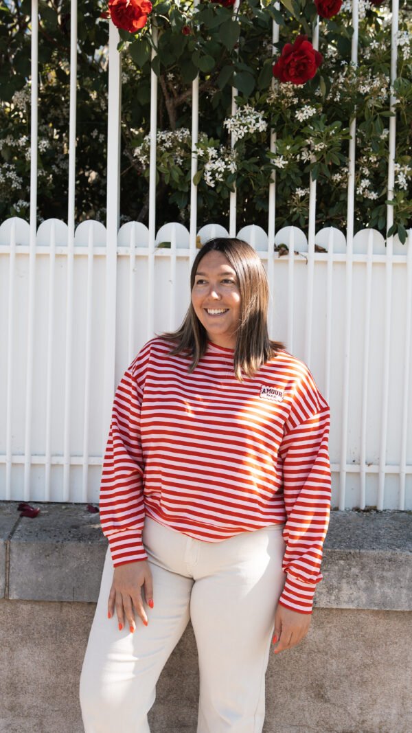 T-shirt manche longue rayure rose et rouge "amour paris"