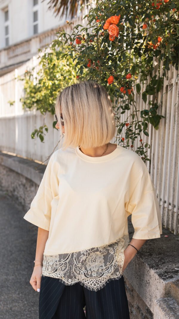 T-shirt à manches courtes jaune bas dentelle
