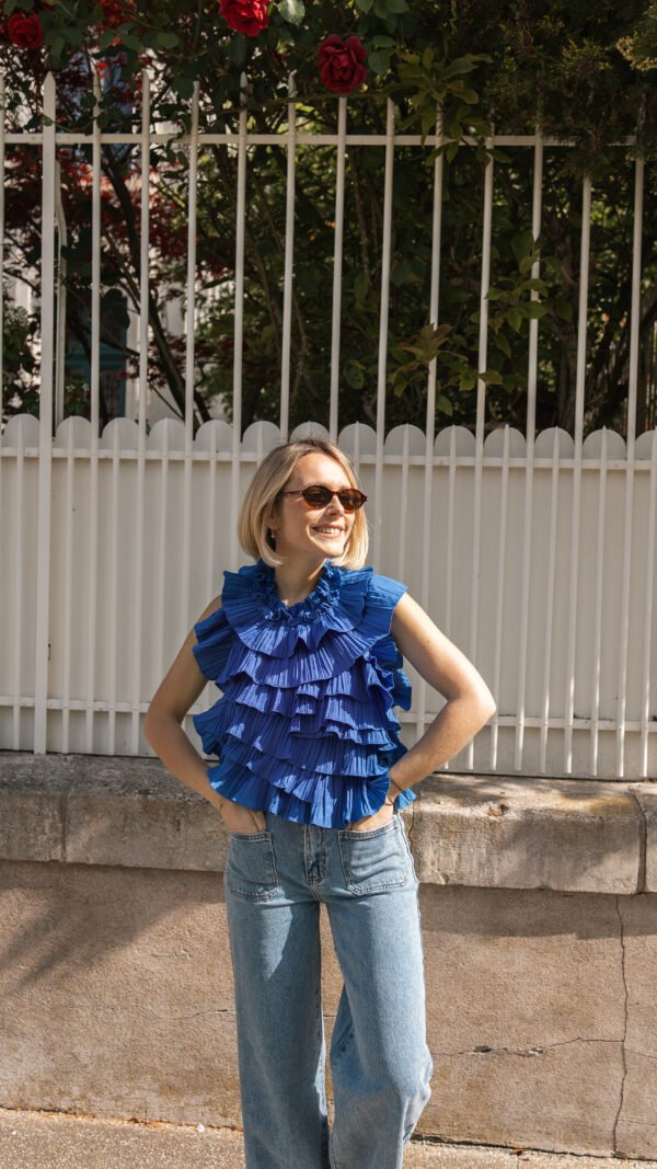 Top froufrou dos nu bleu roi