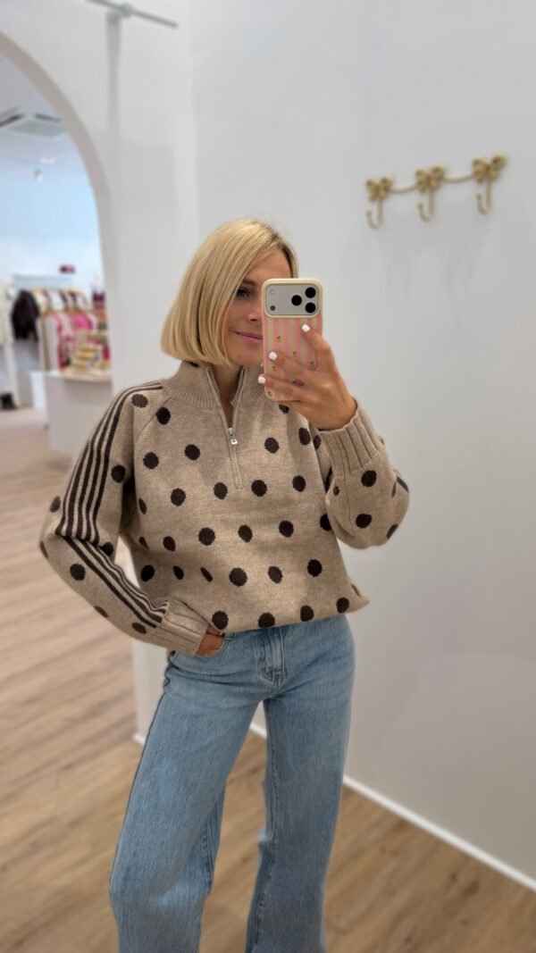 Pull zip beige à pois marron