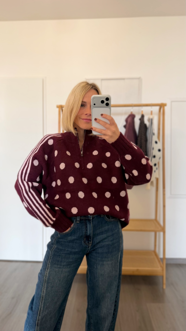 Pull zip bordeaux et rose